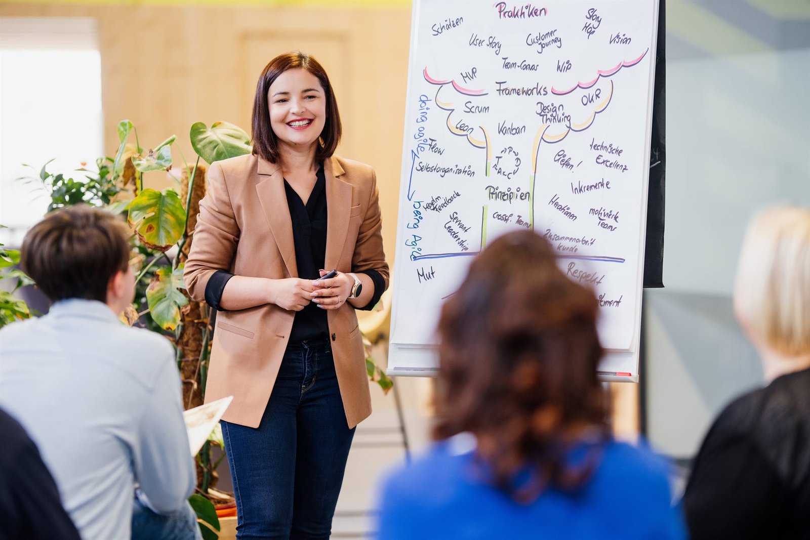 Sevdalina Pandova erklärt einer Gruppe agile Methoden am Flipchart